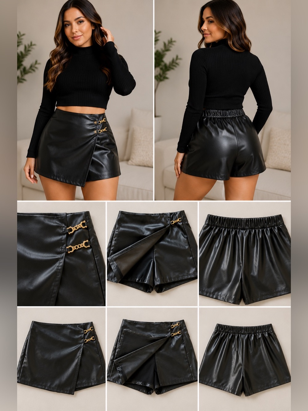 SHEIN Black Faux Leather Skort with Gold Chain Detail